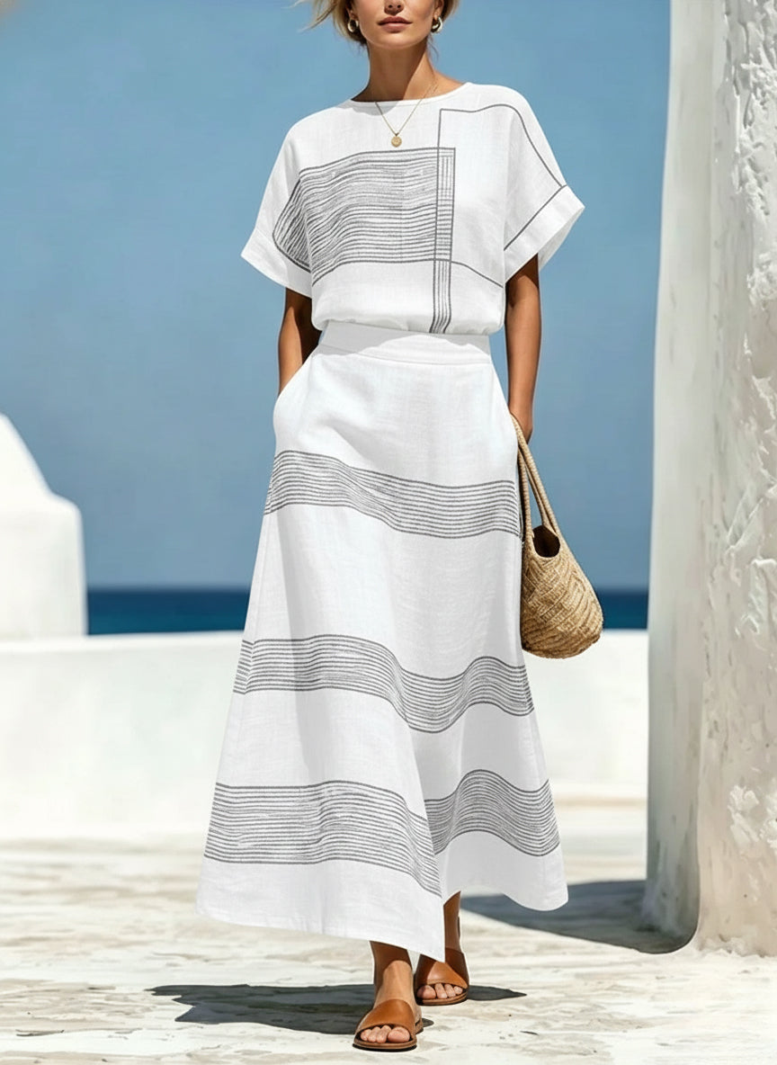 Women's Geometric Print Crew Neck Short-Sleeve Cotton-Linen Top & High-Waisted Loose-Fit A-Line Skirt Set